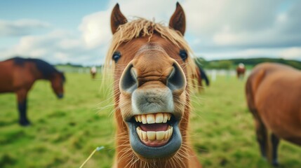 horse smiles, its teeth sparkle in the sun, and its eyes sparkle with happiness and goodwill