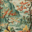 vintage Asian flower trees mountains pattern wallpaper