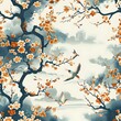  vintage Asian flower trees pattern wallpaper