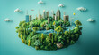 3D rendering of a floating earth with green forests, city buildings, and wind turbines-Enhanced