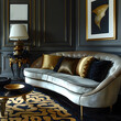 Elegant style room, interior design with luxurious furniture, sofa with gold and dark blue cushions
