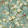  vintage Asian flower trees birds pattern wallpaper