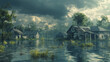 concept art of an abandoned village in the middle of a swamp, flooded houses and barns, climate change-Enhanced