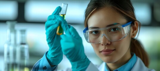 Aufkleber - Generative AI : female scientist holding a test tube with a solution in gloves in a research lab