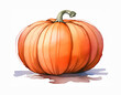 An illustration of a vibrant orange pumpkin with a green stem, showcasing a watercolor texture effect