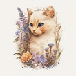 Blue-Eyed Flame Point Siamese Kitten Amidst a Blossoming Floral Garden, artistic ilustration wild flower white cat innocent adorable pet purple lavender daisy