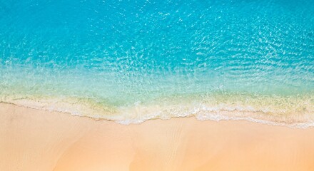Canvas Print - Relax aerial beach scene, summer vacation holiday pattern. Waves surf with amazing blue ocean lagoon, sea sand shore, coastline. Summertime aerial drone top view. Peaceful bright Mediterranean seaside