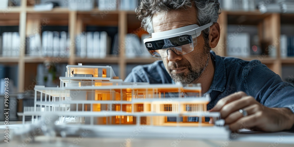 Architect designing with mixed reality, virtual building models in a ...
