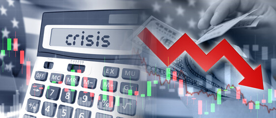 Wall Mural - Crisis background. Calculator near falling quotations. Crisis economic chart. Dollars in hands of man. Crisis of American economy. US dollar inflation chart. Recession, depression