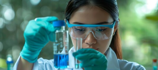Aufkleber - Generative AI : female scientist holding a test tube with a solution in gloves in a research lab