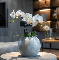 Wall Mural - Generative AI : two orchids in a gray vase sitting near a small table