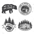 Set of camping related typographic quote for sticker, badges, patches . Vector illustration. Vintage typography design with forest, mountains, canned fish, bear and starry night sky silhouette