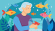 As a senior with dementia begins to feel agitated a therapy fish tank filled with colorful fish and soothing sounds helps to calm them down and bring. Vector illustration