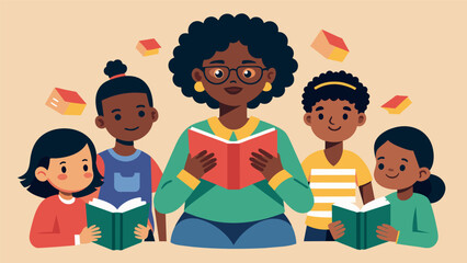 Wall Mural - As the librarian reads about the significance of Juneteenth a group of children eagerly flip through a stack of books featuring influential African. Vector illustration