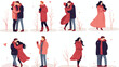Hugging couples in warm clothes flat vector illustr