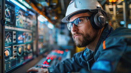 Wind farm control unit, technician monitoring efficiency, close-up, digital photography, turbine management