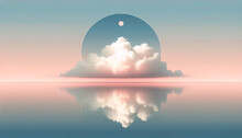 A Landscape With A Vast Body Of Still Water Reflecting The Sky. Above The Horizon, Fluffy Clouds In Soft Pastel Colors