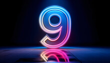 A Large Neon Number '9' With A Gradient Of Cool Neon Colors Like Blue And Pink, Glowing Against A Dark Background