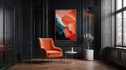 A vivid abstract artwork contrasts a sleek modern frame with a glossy white finish against a stark black wall