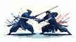 Japanese Kendo fighters battle. Japan armored men o