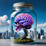pink human brain plant growing in a glass jar in front of a city skyline with skycraper
