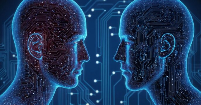 face-to-face of two man with circuit board big data and binary data flow