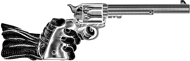 Canvas Print - A hand holding a western cowboy gun pistol revolver in a vintage woodcut style