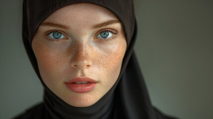 Wall Mural - Closeup portrait of a young woman wearing a black veil. (Ai generated)