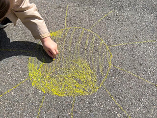 child draws with chalk on the asphalt