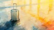 Vibrant digital illustration of a suitcase at an airport during sunset, conveying travel and adventure with dynamic angles and copy space.