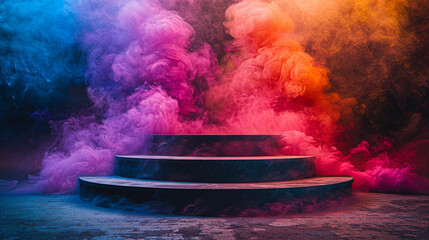 Sticker - Empty round black platform podium stand for advertising on black background with rainbow steam smoke 