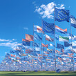 Vibrant Collection of European Union Member Flags on Poles in a Sunlit Grass Field