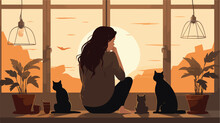 Lonely Woman Near The Window With Cats. Vector Hand