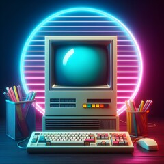 Wall Mural - Vintage computer with CRT monitor from 80s or 90s and neon colors lights.