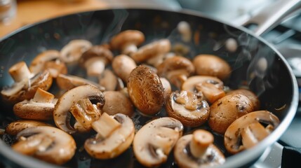 Poster - Mushrooms cooking in a pan on a stove top with a spoon