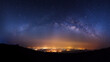 Panorama landscape high moutain before sunrise with milky way galaxy