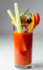 Wall Mural - A glass of Bloody Mary drink with a celery spear and an orange slice on top