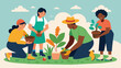 A group of adults engaged in a handson activity such as planting a Juneteenth garden while discussing the holidays roots in agriculture and farming.. Vector illustration
