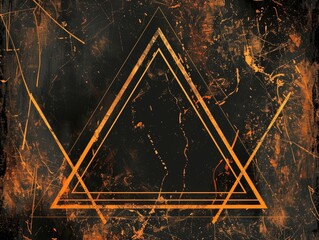 Wall Mural - Vibrant orange glowing triangle on a grungy dark background.