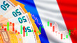Crisis in France. Euro banknotes near french flag. Crisis chart. Fluctuations in France financial market. Crisis economic quotes. Financial problems in France. Inflation boom. Economic collapse