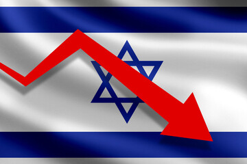 Wall Mural - Crisis in Israel. Downward arrow on Israeli flag. Graph metaphor for financial recession. Israel economic crisis. Collapse of financial system. Political flag of Israel. Inflationary crisis. 3d image