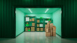 Self storage unit interior. Storehouse with cardboard boxes. Storage unit for private person. Gate to warehouse. Self storage unit for rent. Storehouse exterior view. Warehouse interior. 3d image