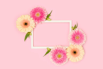 Wall Mural - frame made of green leaves and gerbera flowers on a pink background.