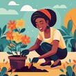 Happy Young Woman Planting a Flower in the Garden