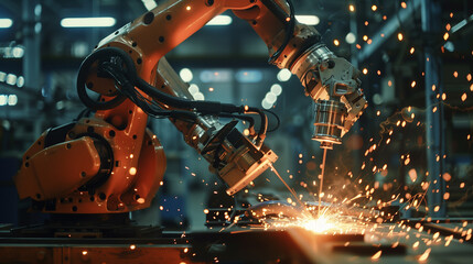 Wall Mural - AI robot arm welding in a factory, assembling cars and in mass products 