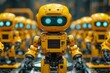A small yellow robot with blue eyes stands in front of a group of similar robots.