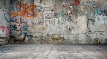 a gritty urban scene with a textured concrete wall adorned with vibrant graffiti, standing behind a 