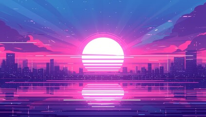 Poster - illustration of a purple sun setting over the city, with simple shapes in an 80s style. A purple sky with clouds and rays coming out from behind buildings 