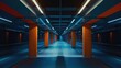 A modern tunnel at night, empty, symmetry, blue and orange color grade.