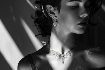 Wall Mural - Elegant Woman with Luxurious Jewelry in Black and White Portrait